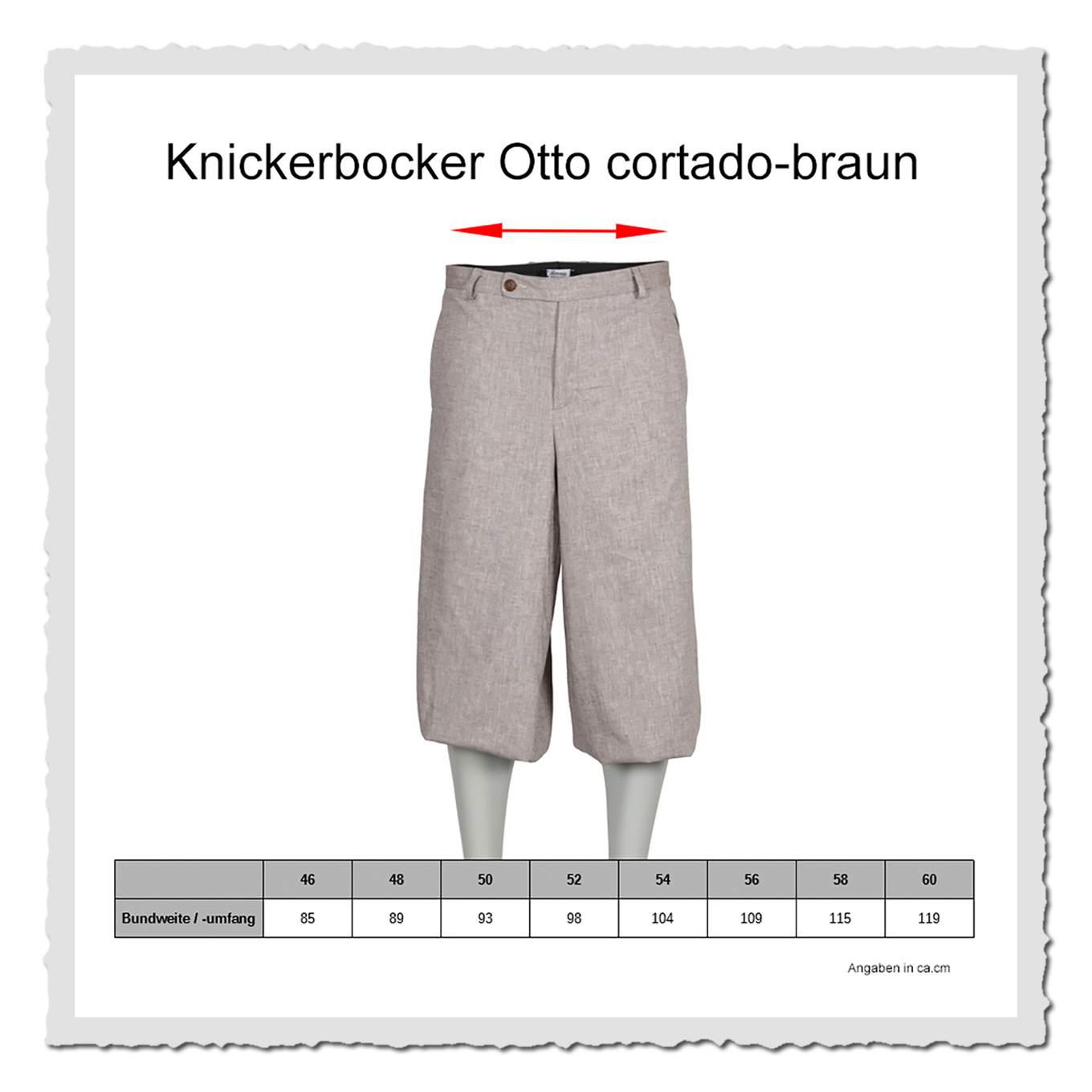 Maßtabelle mit Bundweite der freigestellten graubraunen Knickerbocker.
